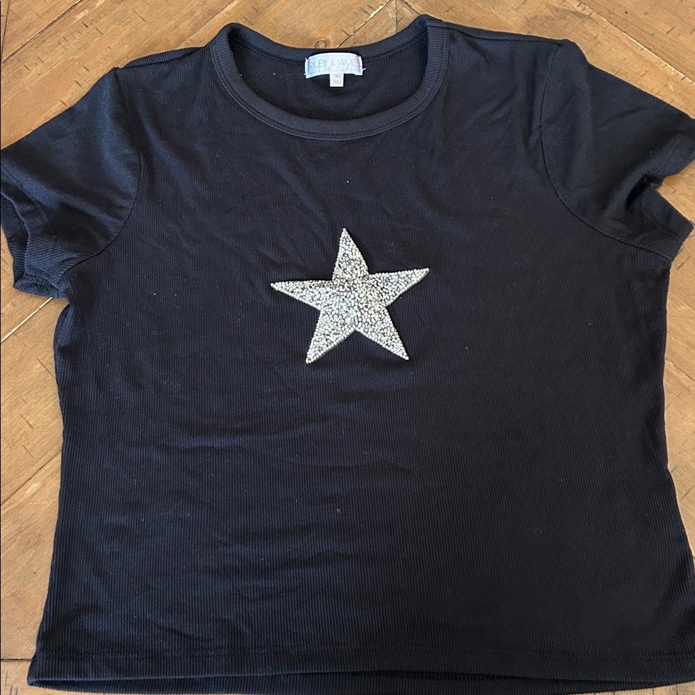 Black T-Shirt with Silver Star Patch